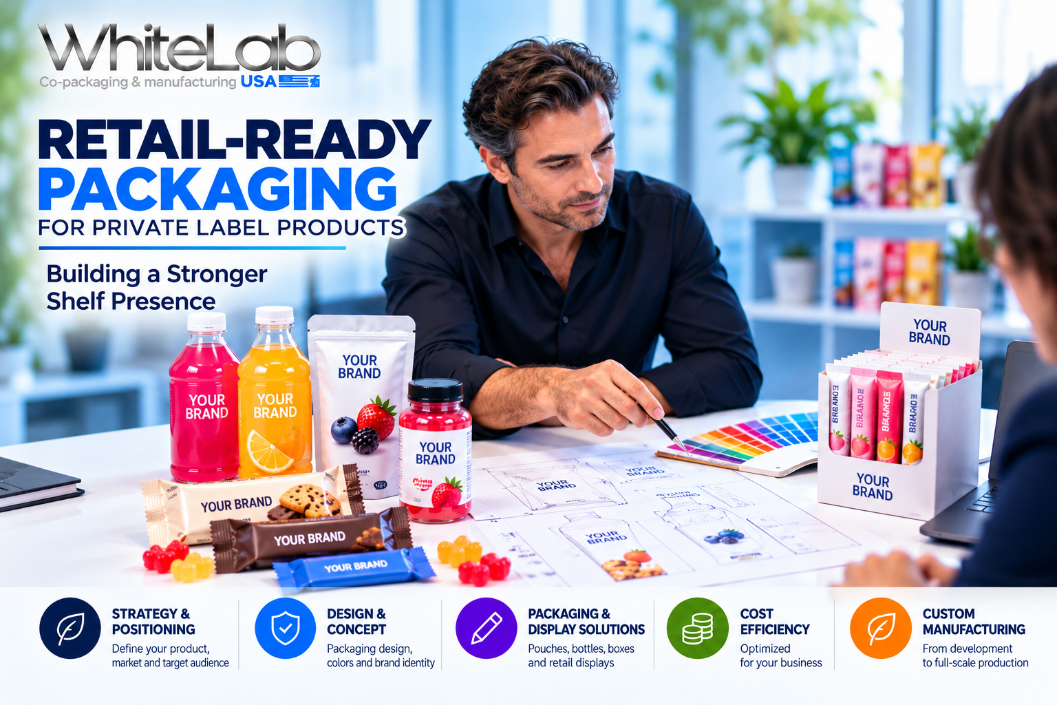 White Lab USA retail-ready packaging for private label products, featuring custom branded bottles, pouches, gummies, snack bars, and retail display solutions.