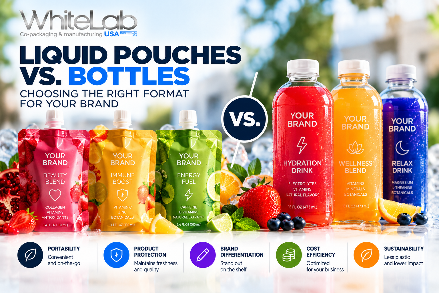 White Lab USA liquid pouch packaging vs. bottles, featuring custom branded beverage pouches and bottles for private label manufacturing.