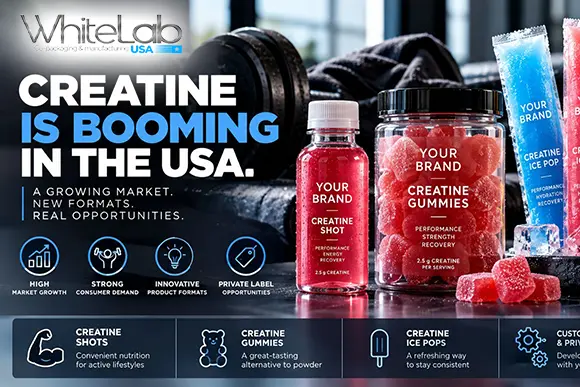 Private label creatine shots, gummies and ice pops illustrating U.S. creatine market growth