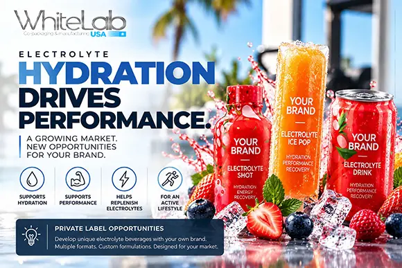 White Lab USA electrolyte product concepts featuring a branded hydration shot, orange ice pop and canned electrolyte drink