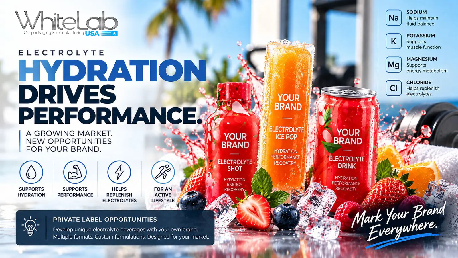 White Lab USA electrolyte product concepts featuring a branded hydration shot, orange ice pop and canned electrolyte drink