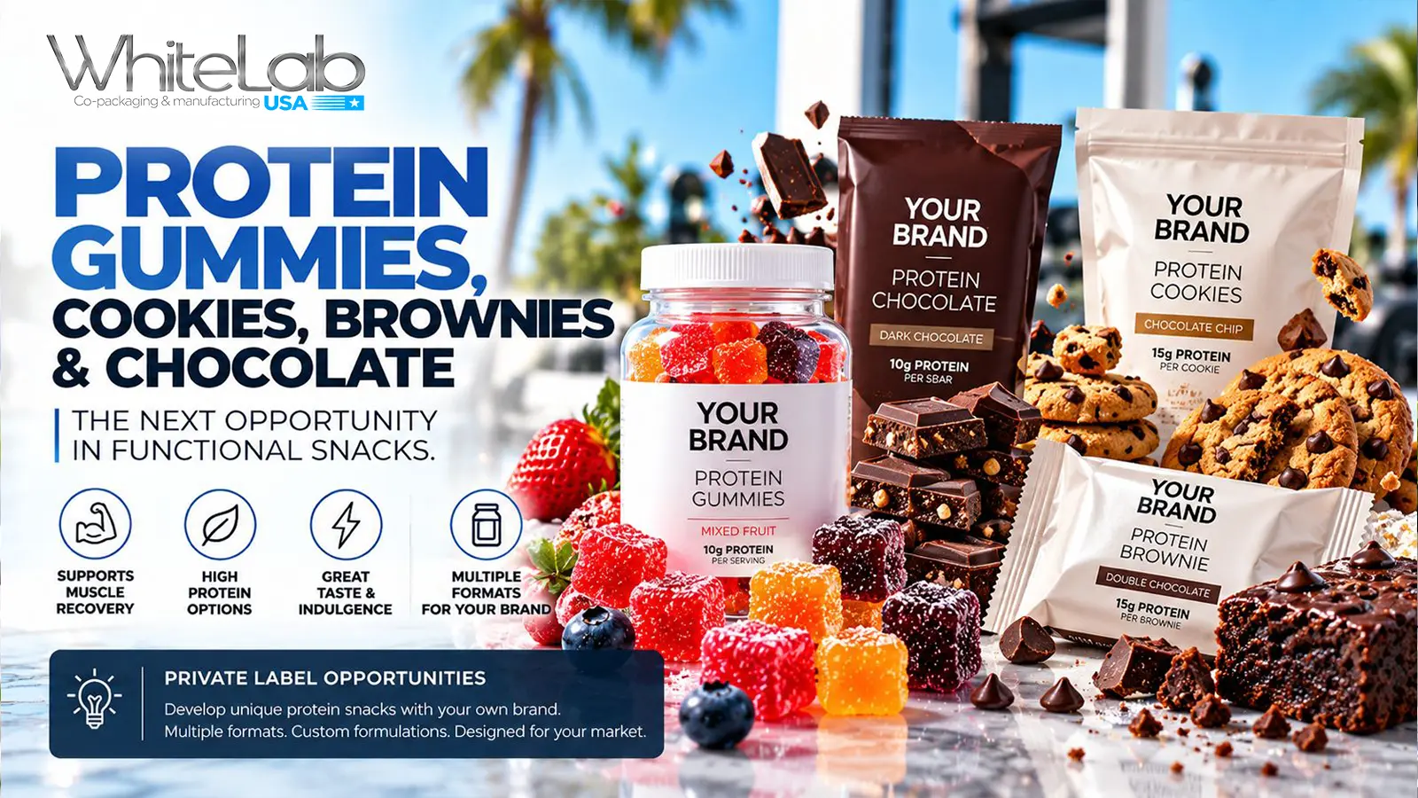 Private label protein gummies with protein chocolate, cookies and brownies for functional snack brands