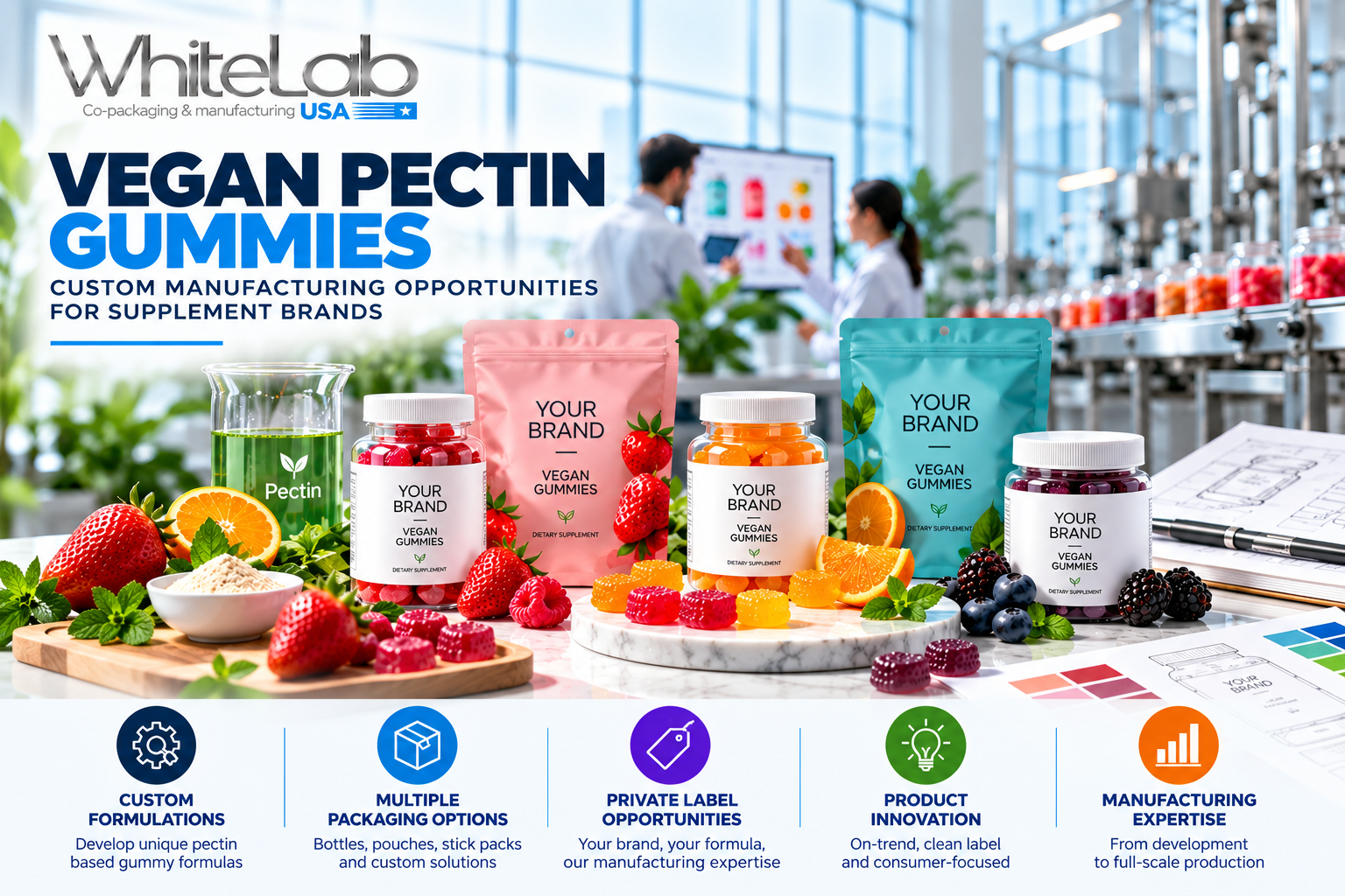Vegan pectin gummy product concepts with custom flavors, colors and private label packaging